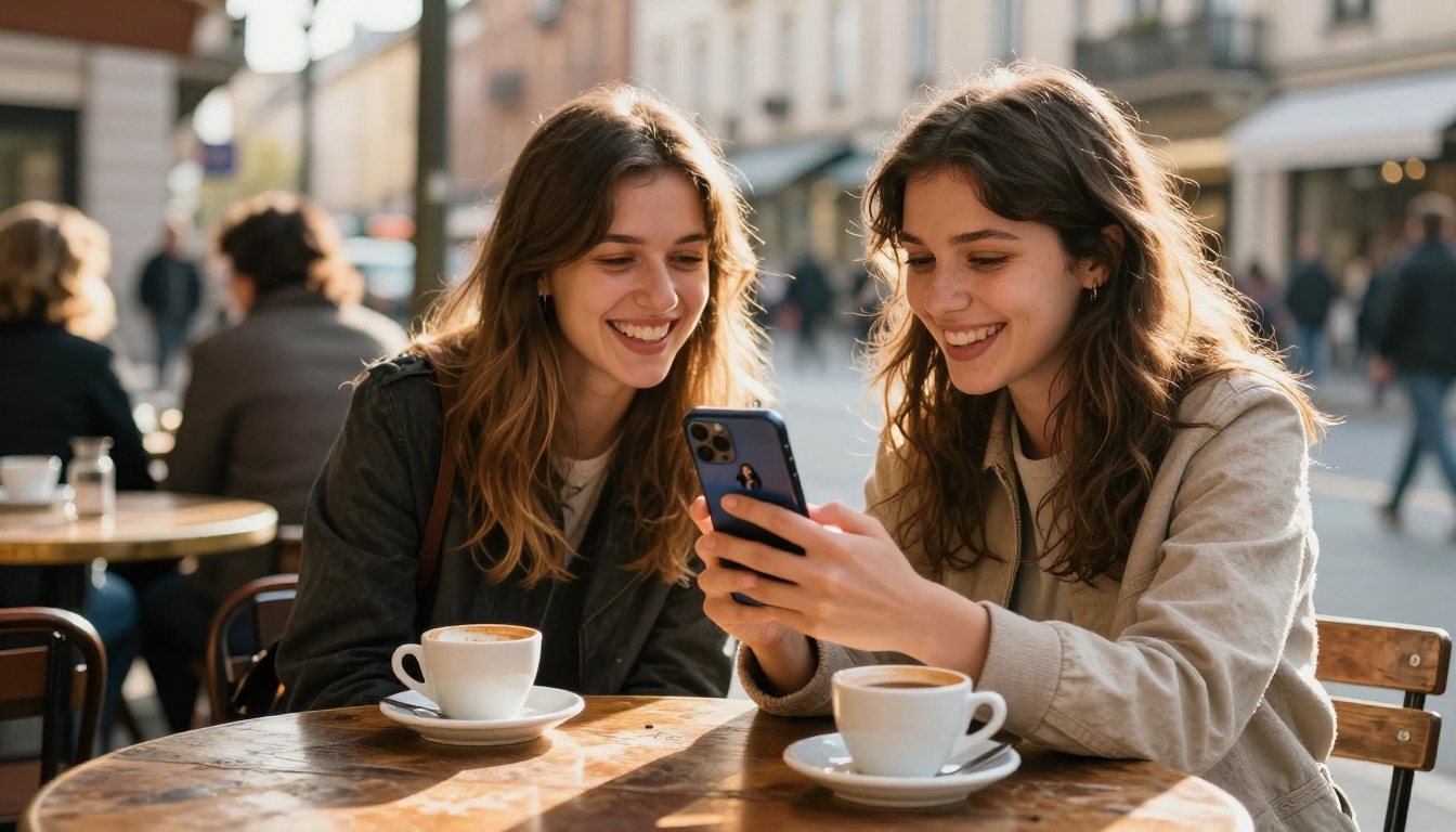 Two young women friends laughing together at an outdoor café terrace, one holding a smartphone showing an animated video clip