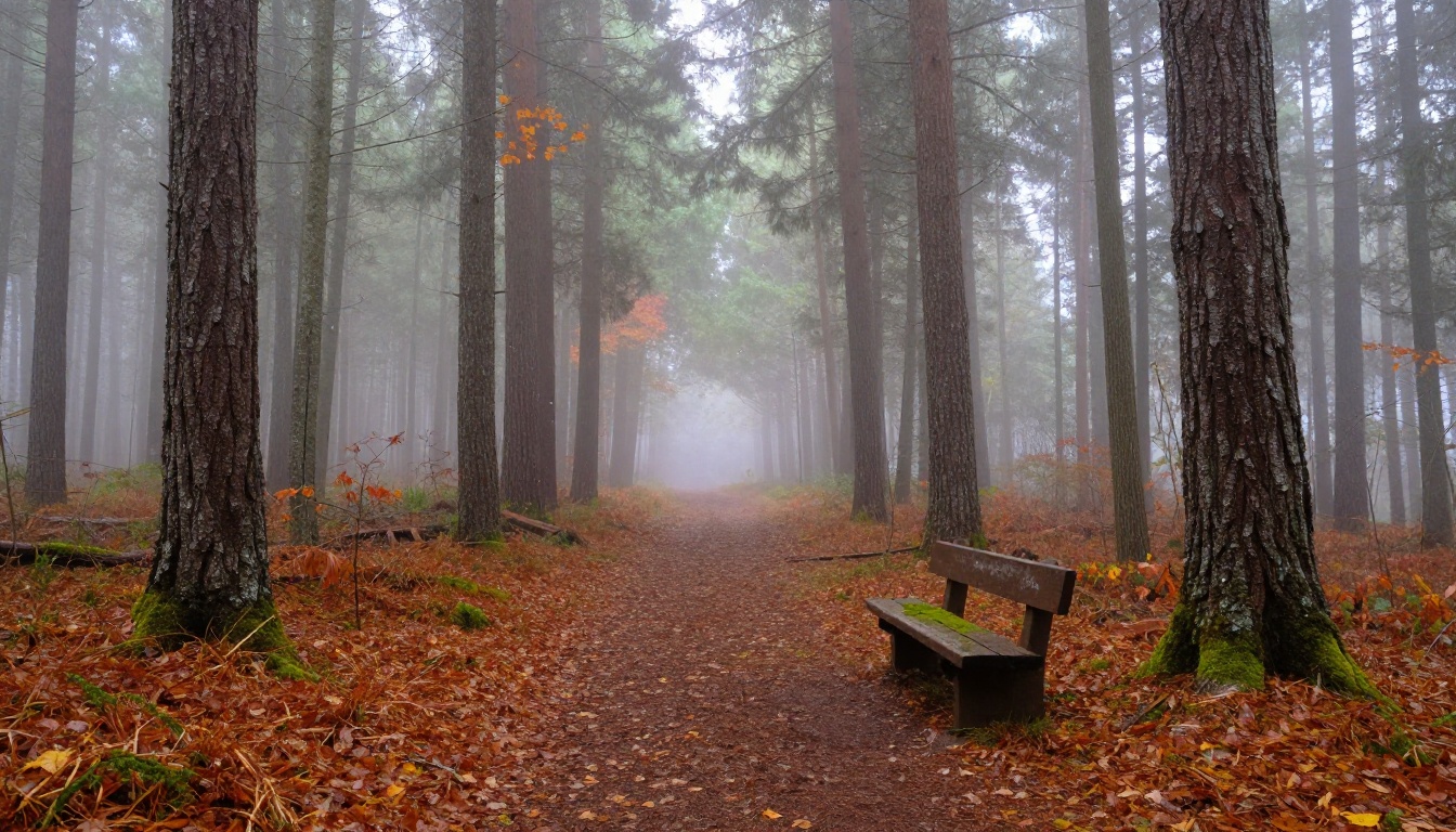 Misty pine forest in early autumn showing atmospheric depth and natural color rendering