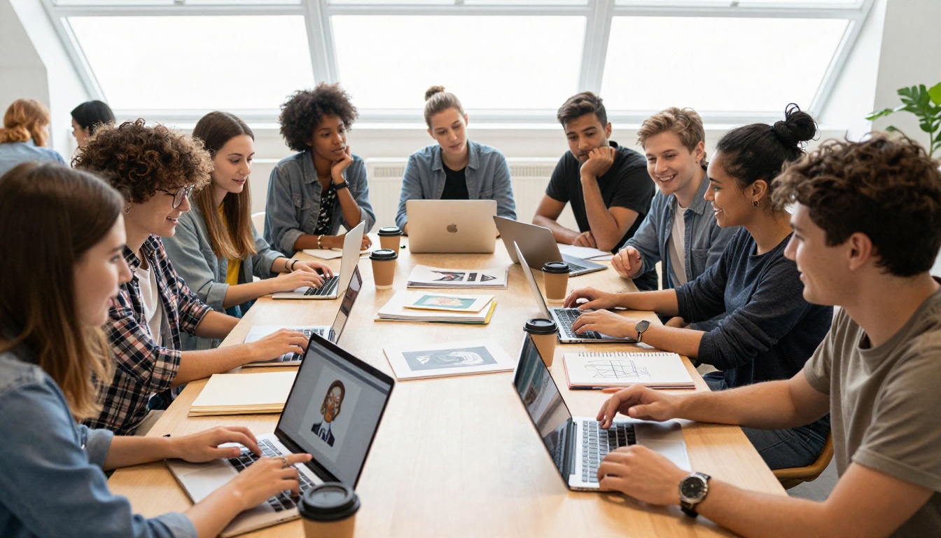 Diverse creatives collaborating with AI on laptops