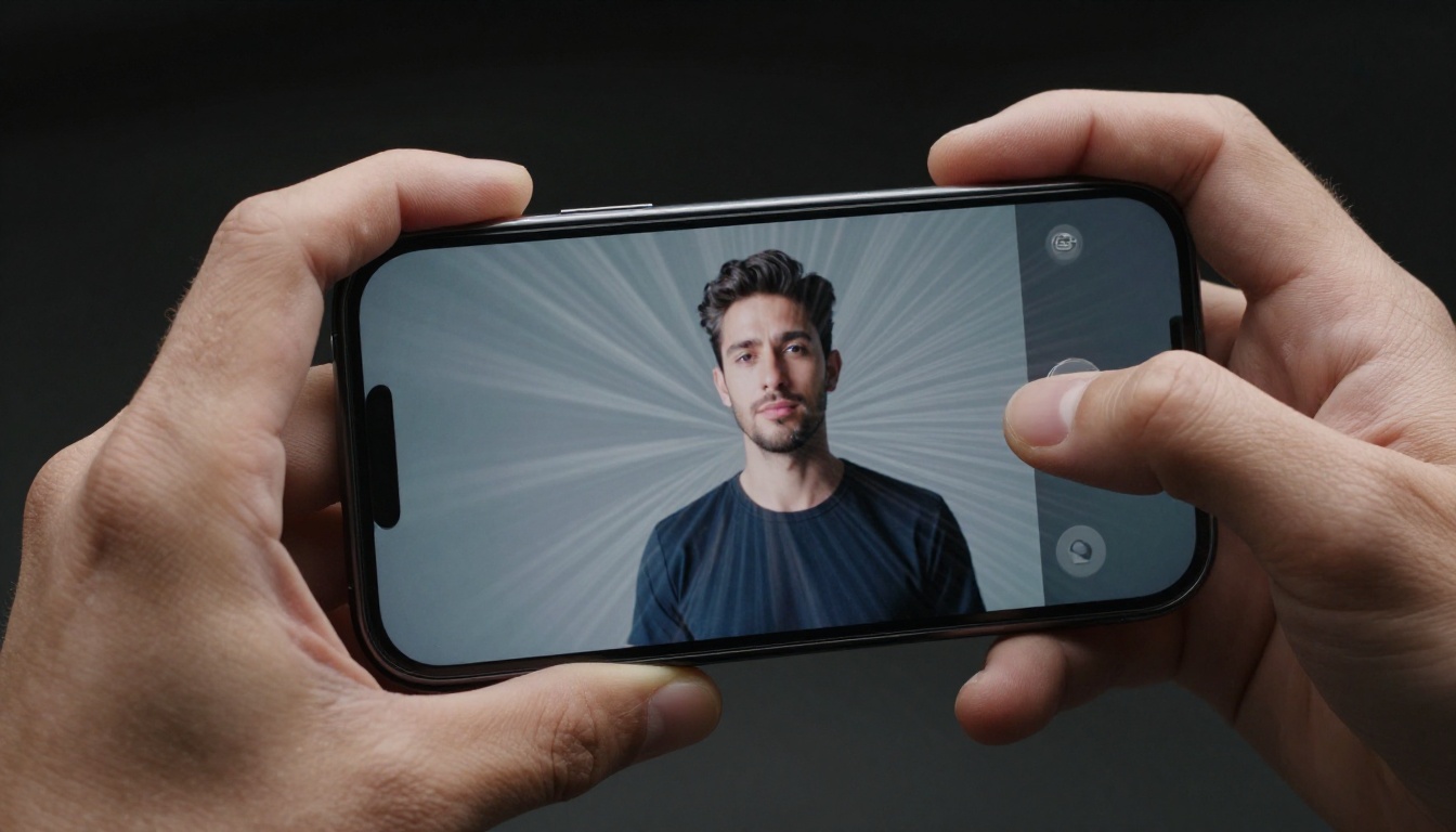 Close-up macro of a man's hands holding a smartphone showing a portrait photo animating with rippling motion lines on a dark background