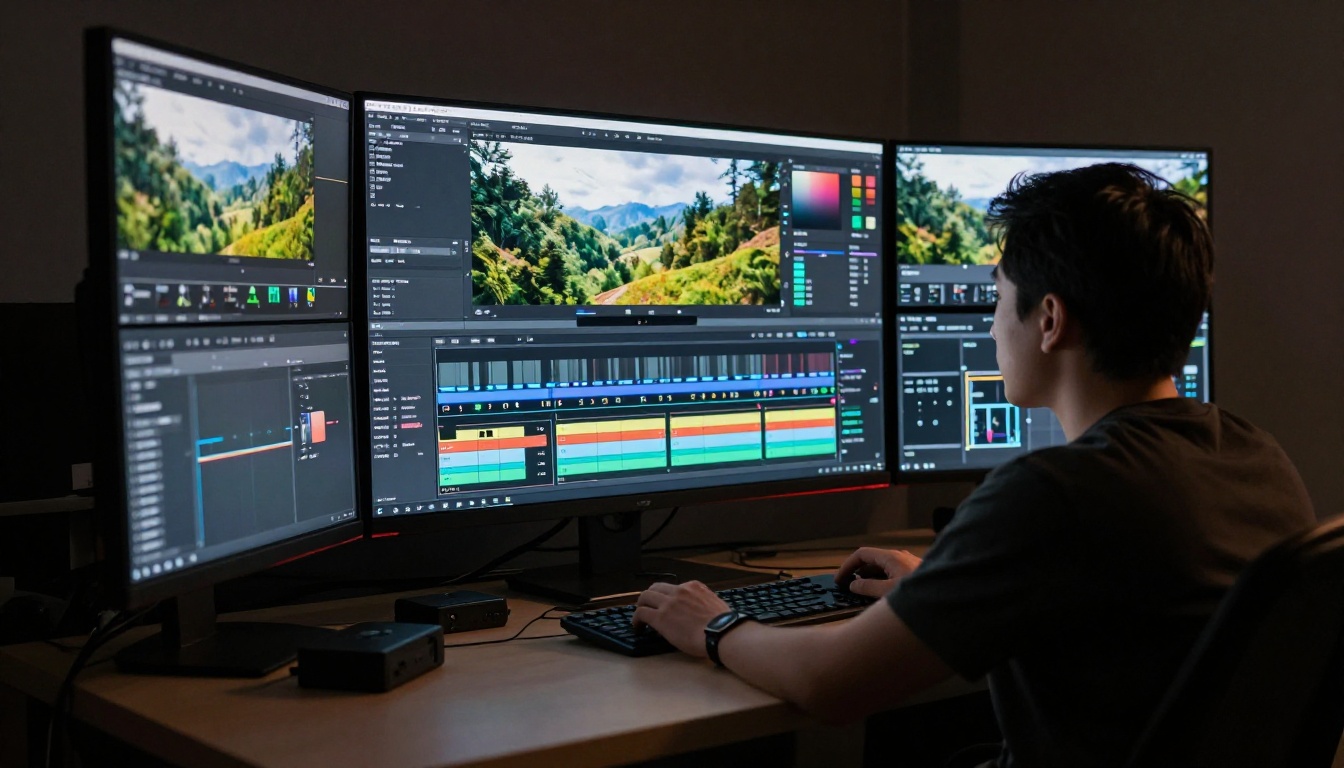 Filmmaker at a professional video editing workstation in a dark suite with cinematic monitor glow illuminating their face