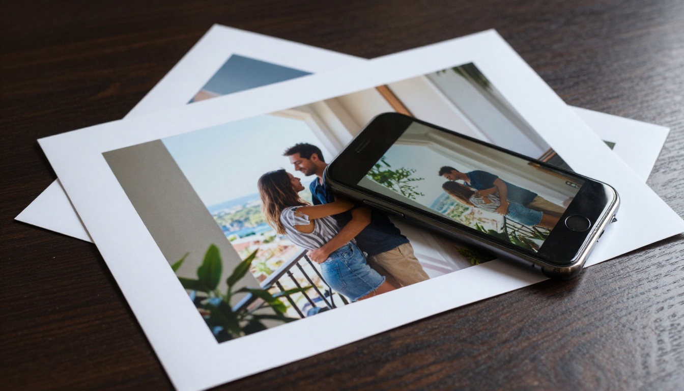 Close-up flat lay of a printed photograph beside a smartphone showing the same scene as a video on a dark oak table