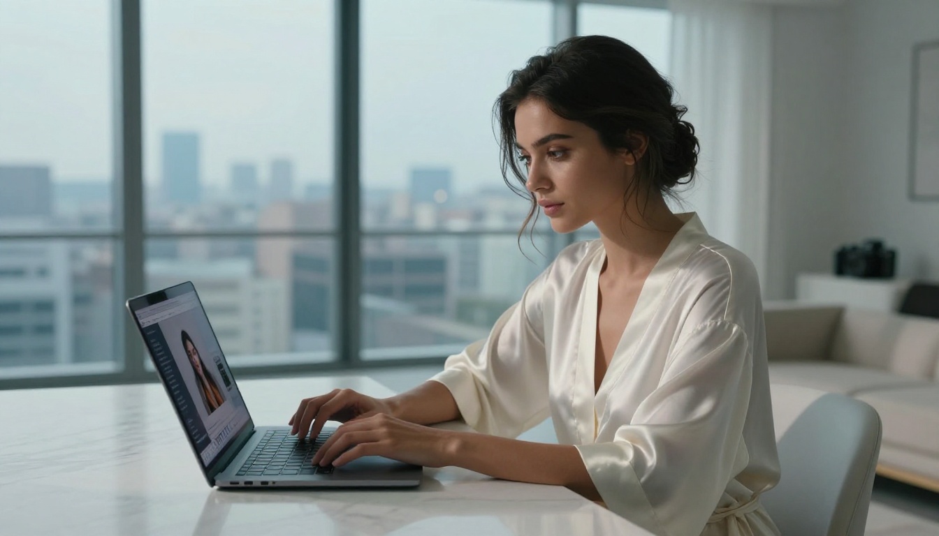 A woman using AI image generation tools on her laptop in a bright modern apartment