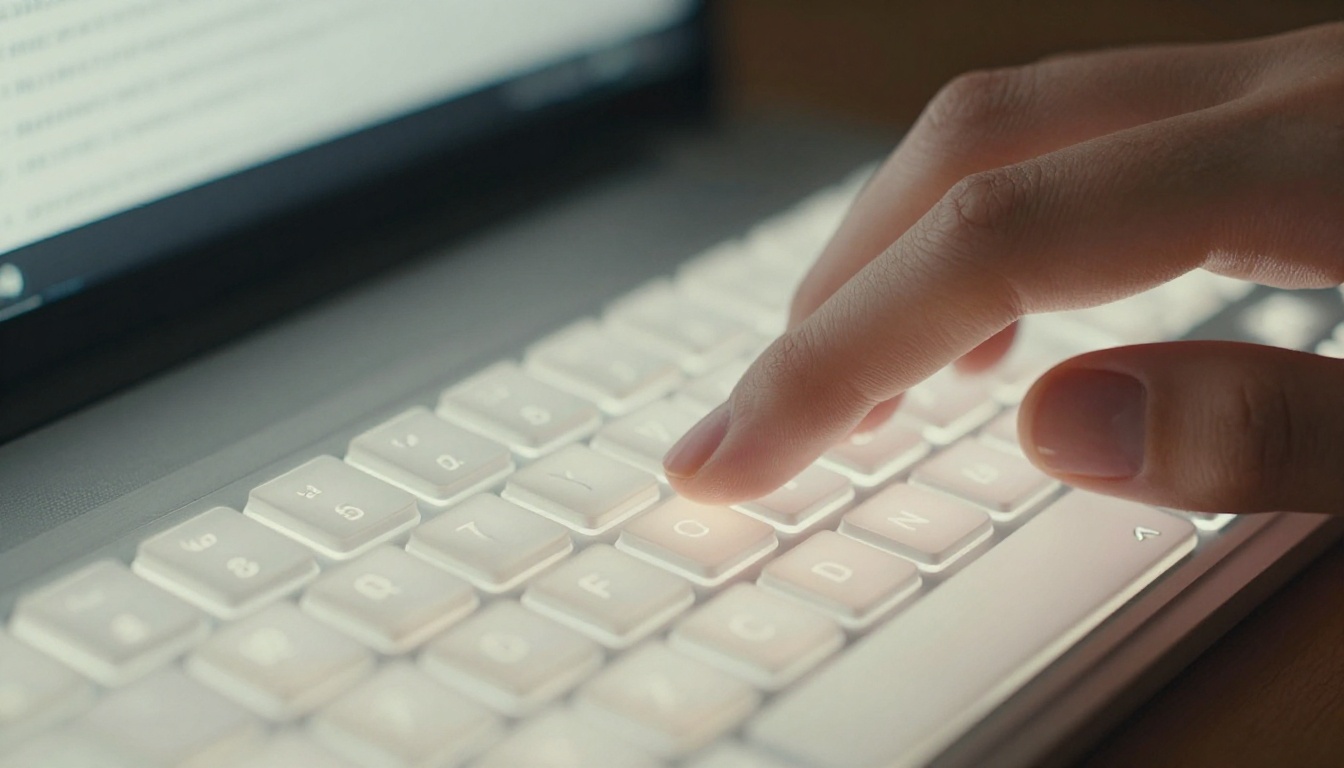 Extreme close-up of fingers hovering over a mechanical keyboard with AI text output streaming rapidly in bokeh background Extreme close-up of fingers hovering over a mechanical keyboard with AI text output streaming rapidly in bokeh background