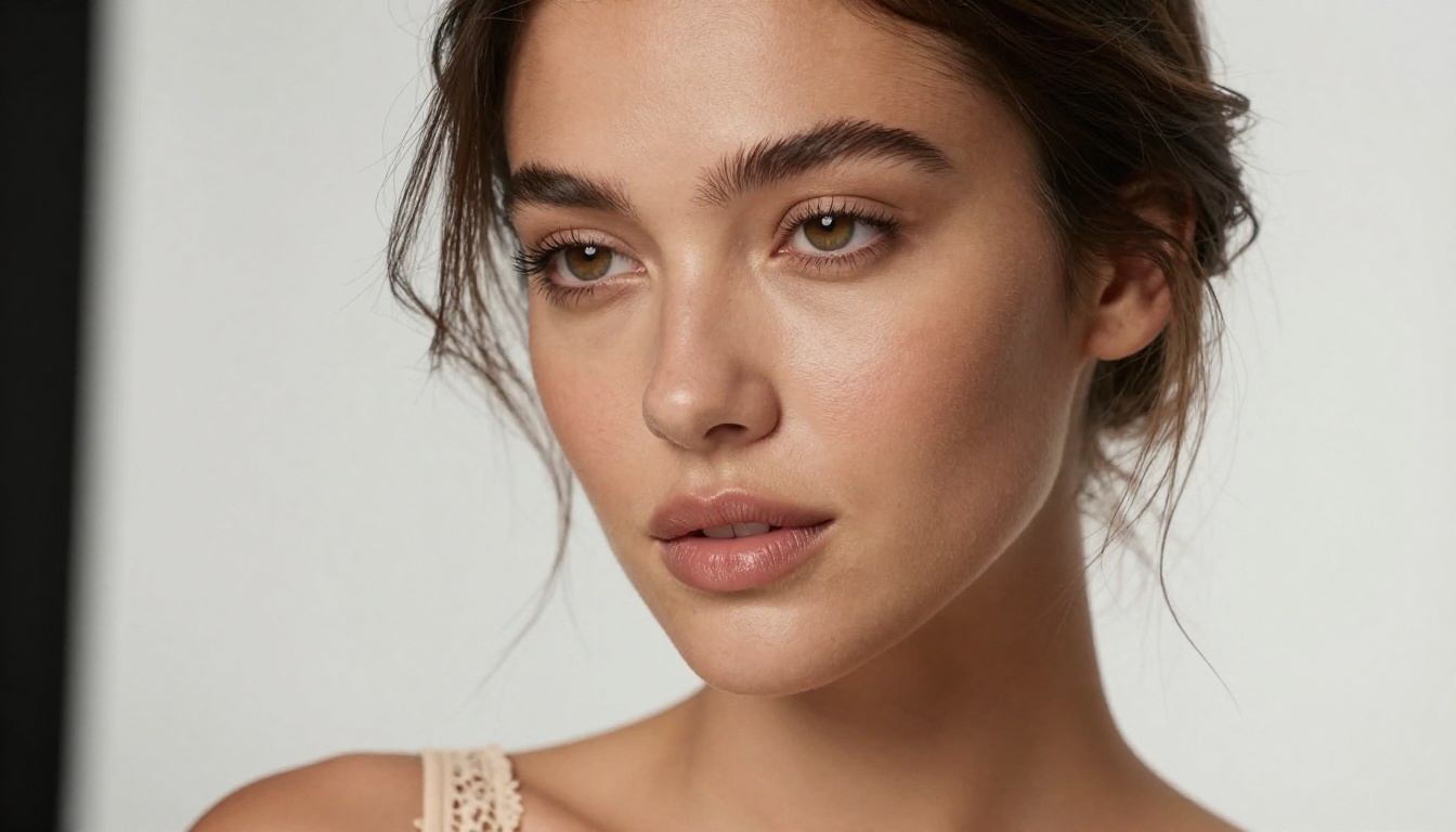 Close-up portrait of a beautiful woman with flawless skin in champagne lace, soft studio lighting