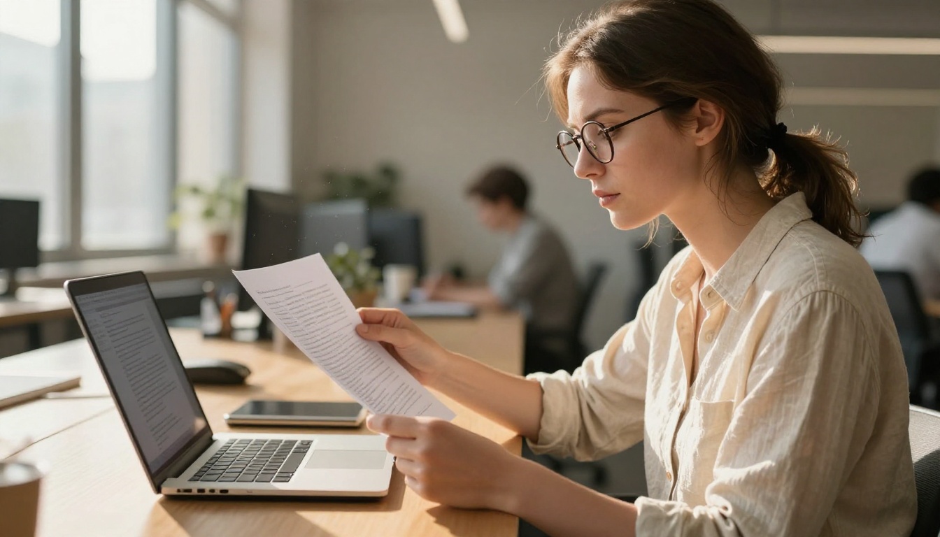 Woman in office comparing printed document to AI-generated text output on laptop screen in morning sunlight Woman in office comparing printed document to AI-generated text output on laptop screen in morning sunlight