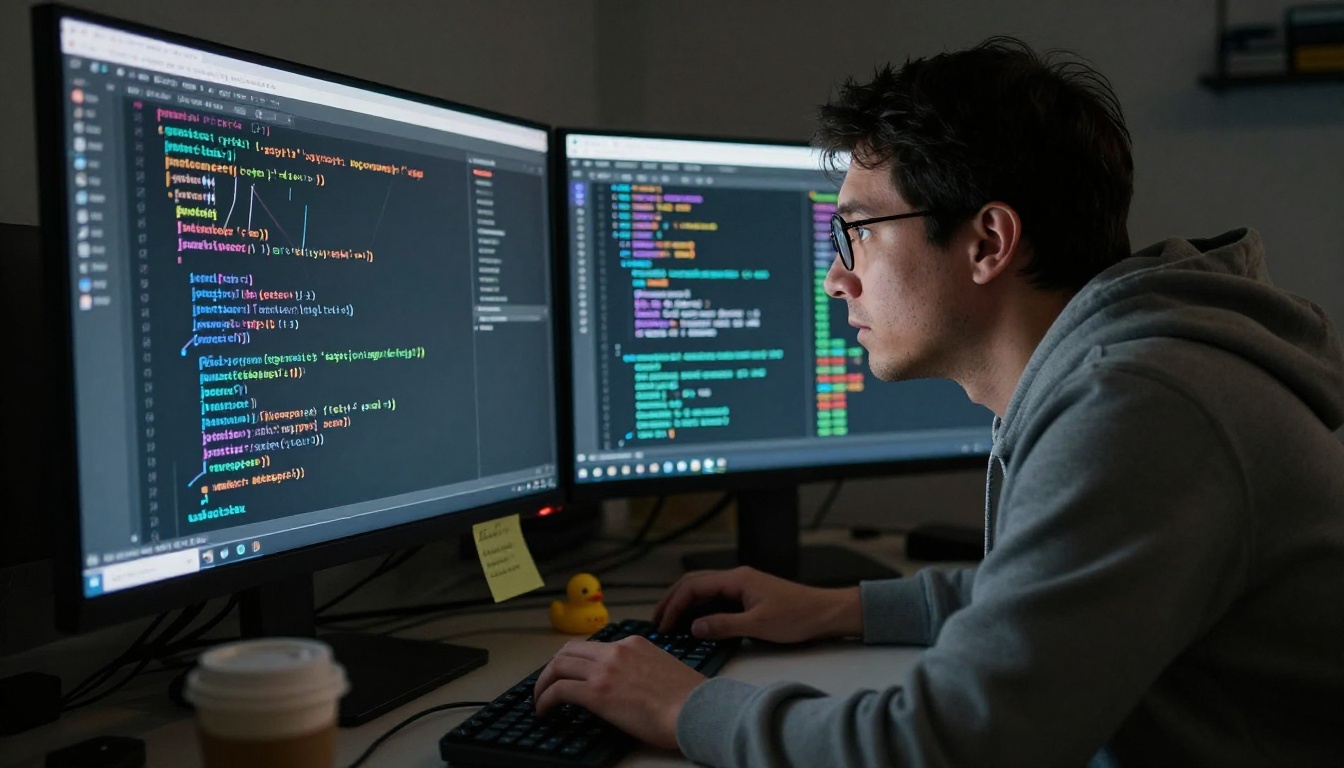 Software developer leaning toward a widescreen monitor displaying Python code with syntax highlighting in a dim room Software developer leaning toward a widescreen monitor displaying Python code with syntax highlighting in a dim room