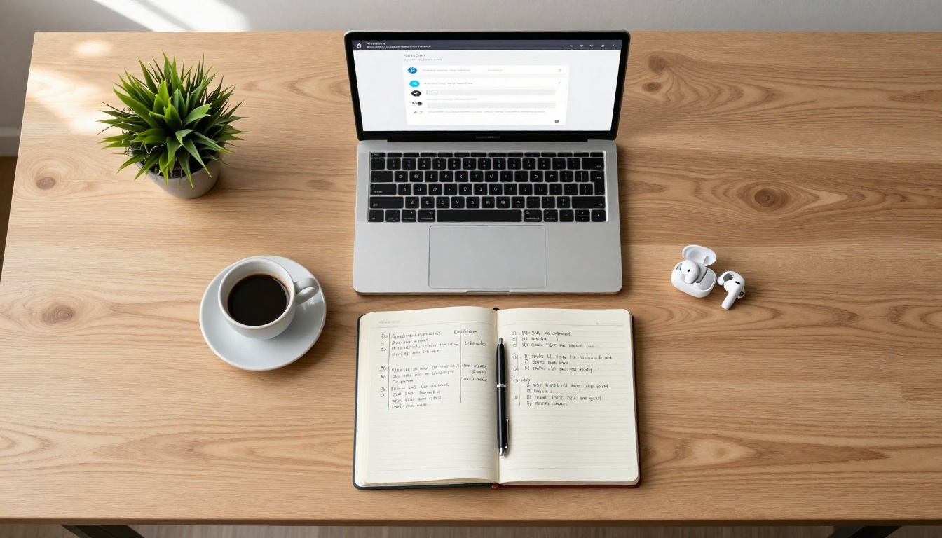 Minimal work desk with laptop showing AI chat interface and handwritten comparison notes overhead view Minimal work desk with laptop showing AI chat interface and handwritten comparison notes overhead view