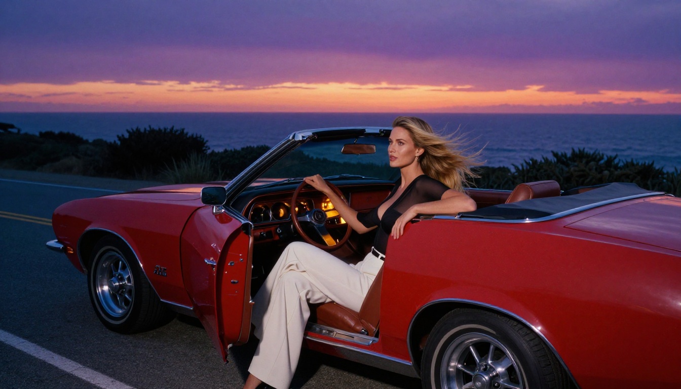 A captivating woman in a black bodysuit in a vintage red convertible on the Pacific Coast Highway at dusk