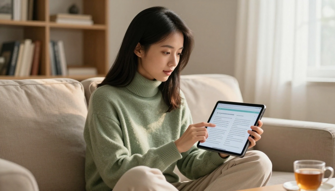 Young East Asian woman on a sofa holding a tablet showing multilingual AI interface in warm afternoon light