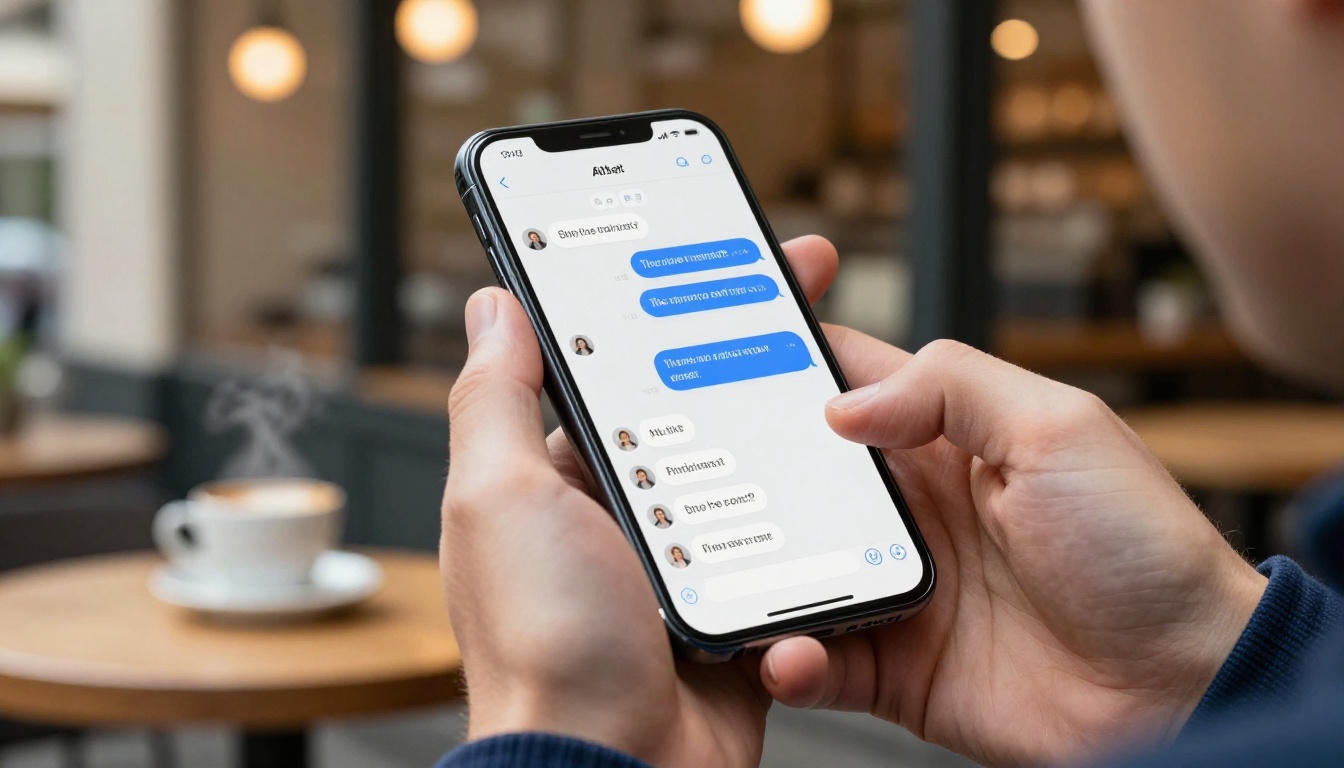 Man holding smartphone at a city cafe showing AI chat conversation interface in natural window light