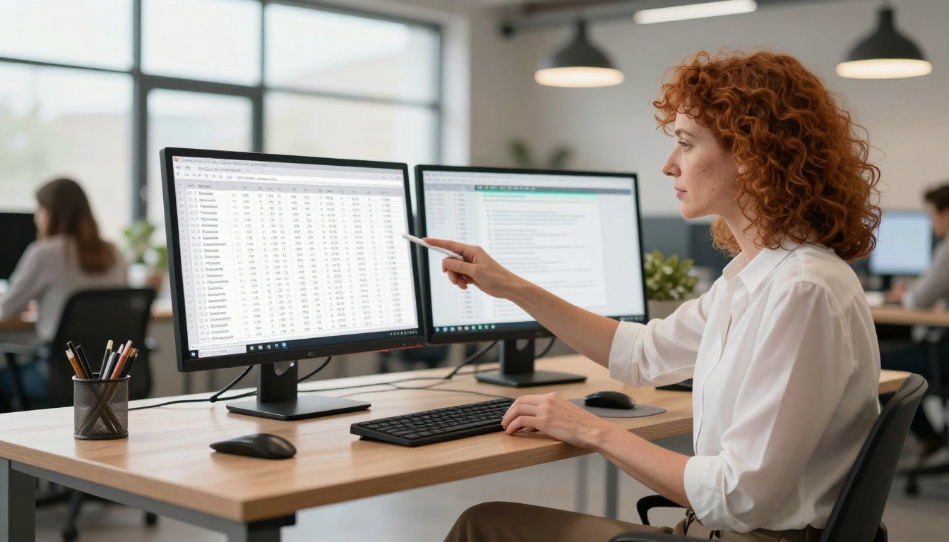 Woman with curly auburn hair at a co-working space comparing two monitors showing AI output and data side by side