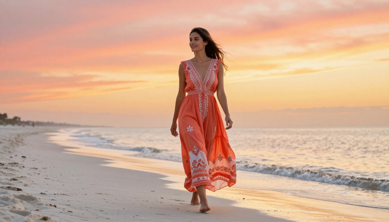 A beautiful brunette woman in a coral bohemian dress walking on a white sand beach at sunrise, looking back at camera
