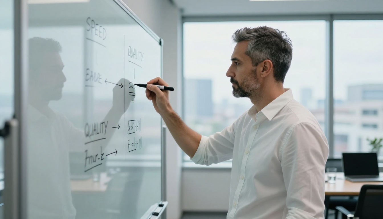 Man with salt-and-pepper hair writing SPEED and QUALITY comparison columns on a glass whiteboard in a conference room Man with salt-and-pepper hair writing SPEED and QUALITY comparison columns on a glass whiteboard in a conference room
