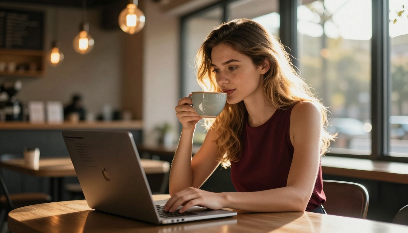 Woman with long blonde hair at a cafe window reading AI-generated content on a MacBook with warm sunset rim lighting