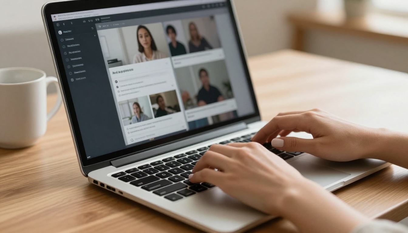 Hands typing on laptop with AI video generation interface Hands typing on laptop with AI video generation interface