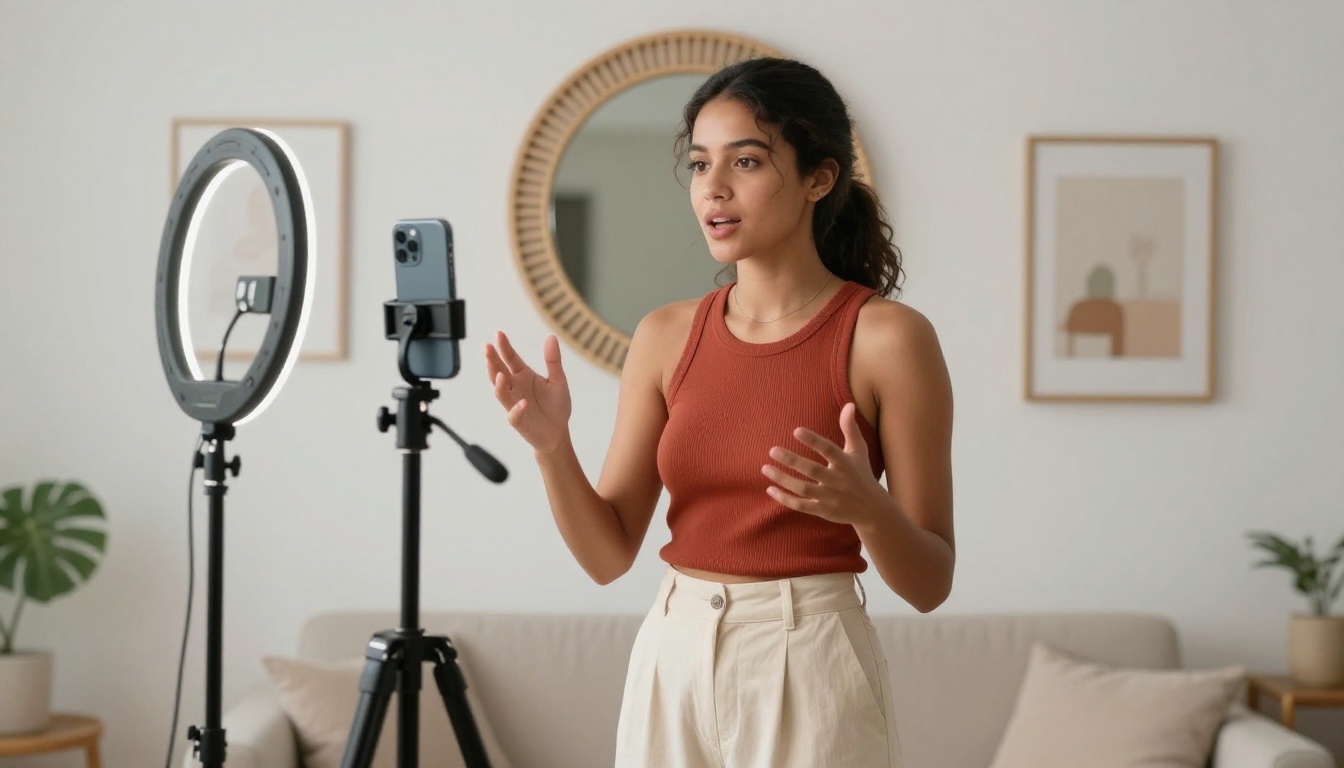 Young woman speaking confidently to camera in minimalist home studio Young woman speaking confidently to camera in minimalist home studio