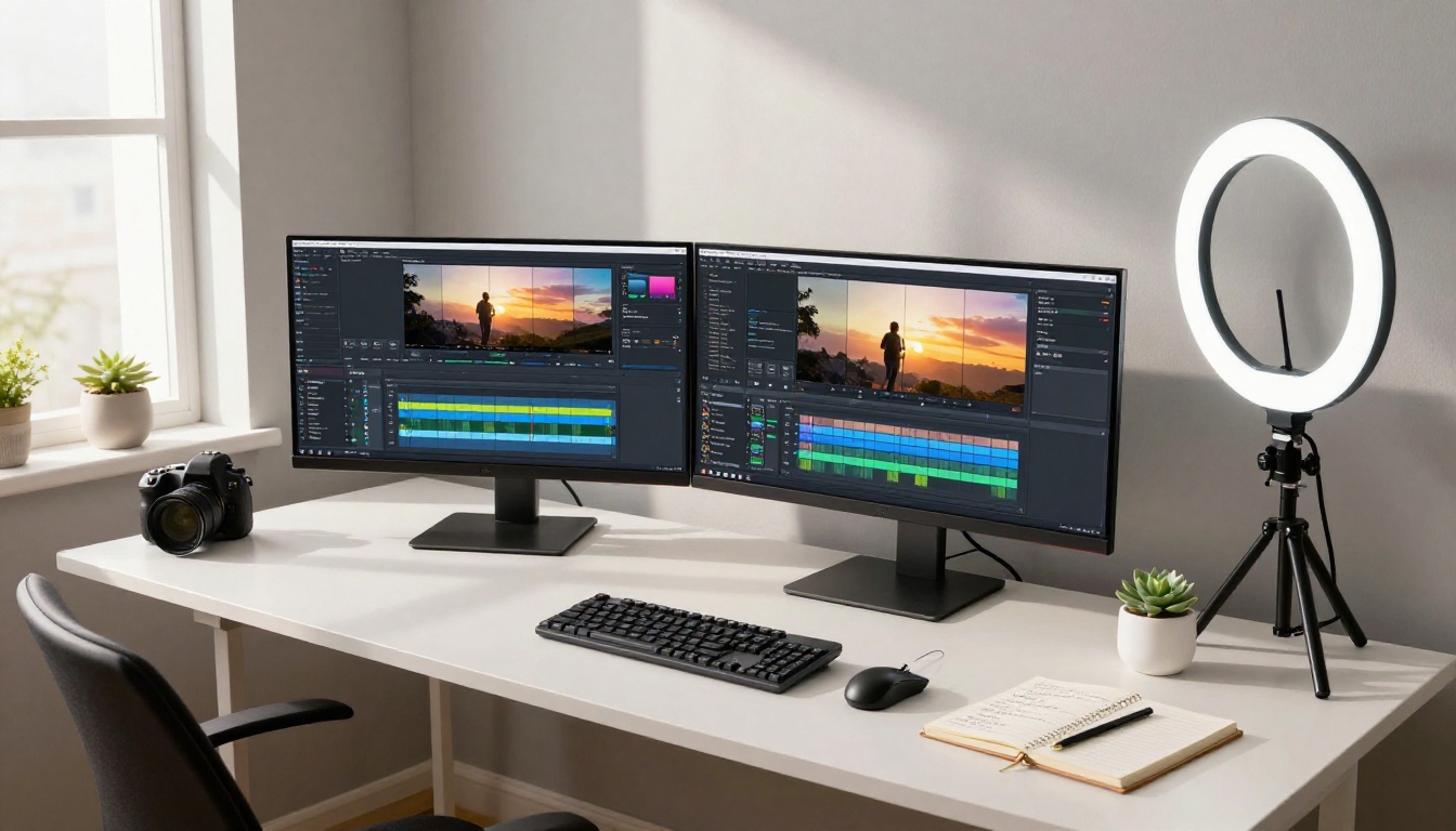 Modern content creator workspace with dual monitors showing video editing and AI generation interfaces Modern content creator workspace with dual monitors showing video editing and AI generation interfaces