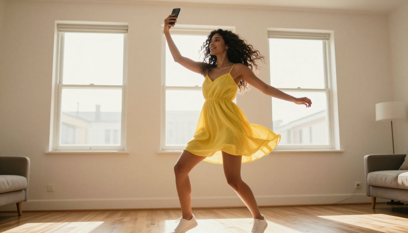 Young woman dancing joyfully while holding smartphone for TikTok recording Young woman dancing joyfully while holding smartphone for TikTok recording