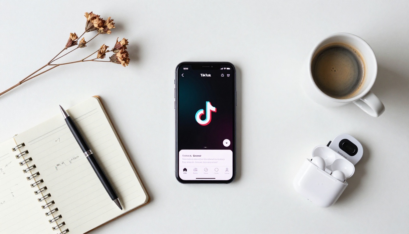 Overhead flat-lay of minimalist content creator desk with smartphone showing TikTok app Overhead flat-lay of minimalist content creator desk with smartphone showing TikTok app