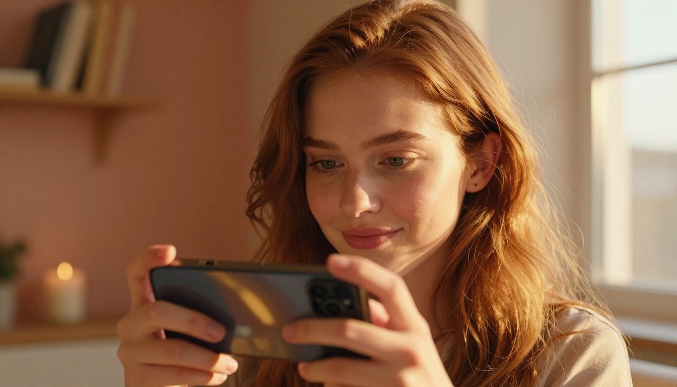 Young woman reviewing video footage on smartphone during golden hour