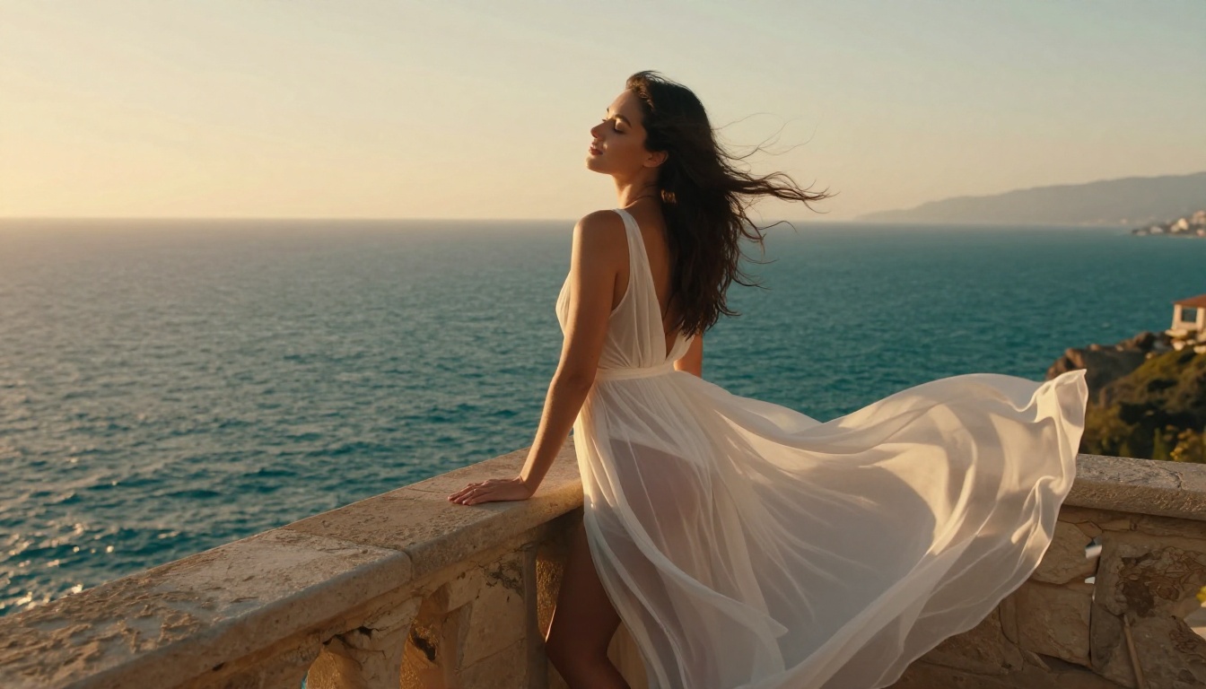 Beautiful woman in sheer white maxi dress on Mediterranean balcony at golden hour