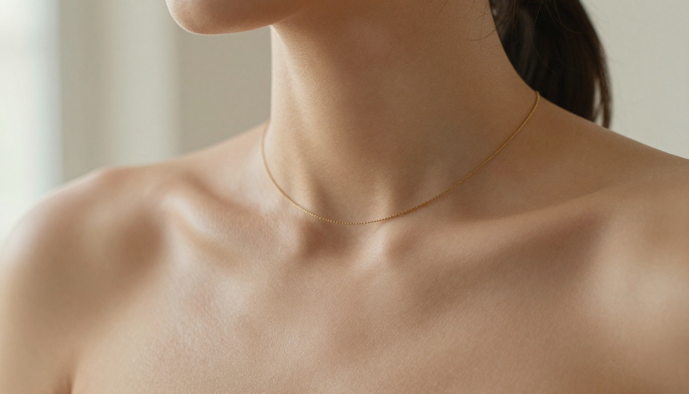 Intimate close-up of woman's bare shoulders and gold necklace, natural window light