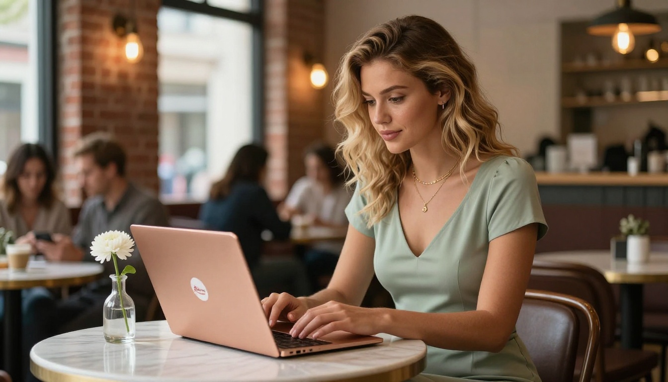 Young stylish woman reviewing content analytics on laptop in a warm cafe setting