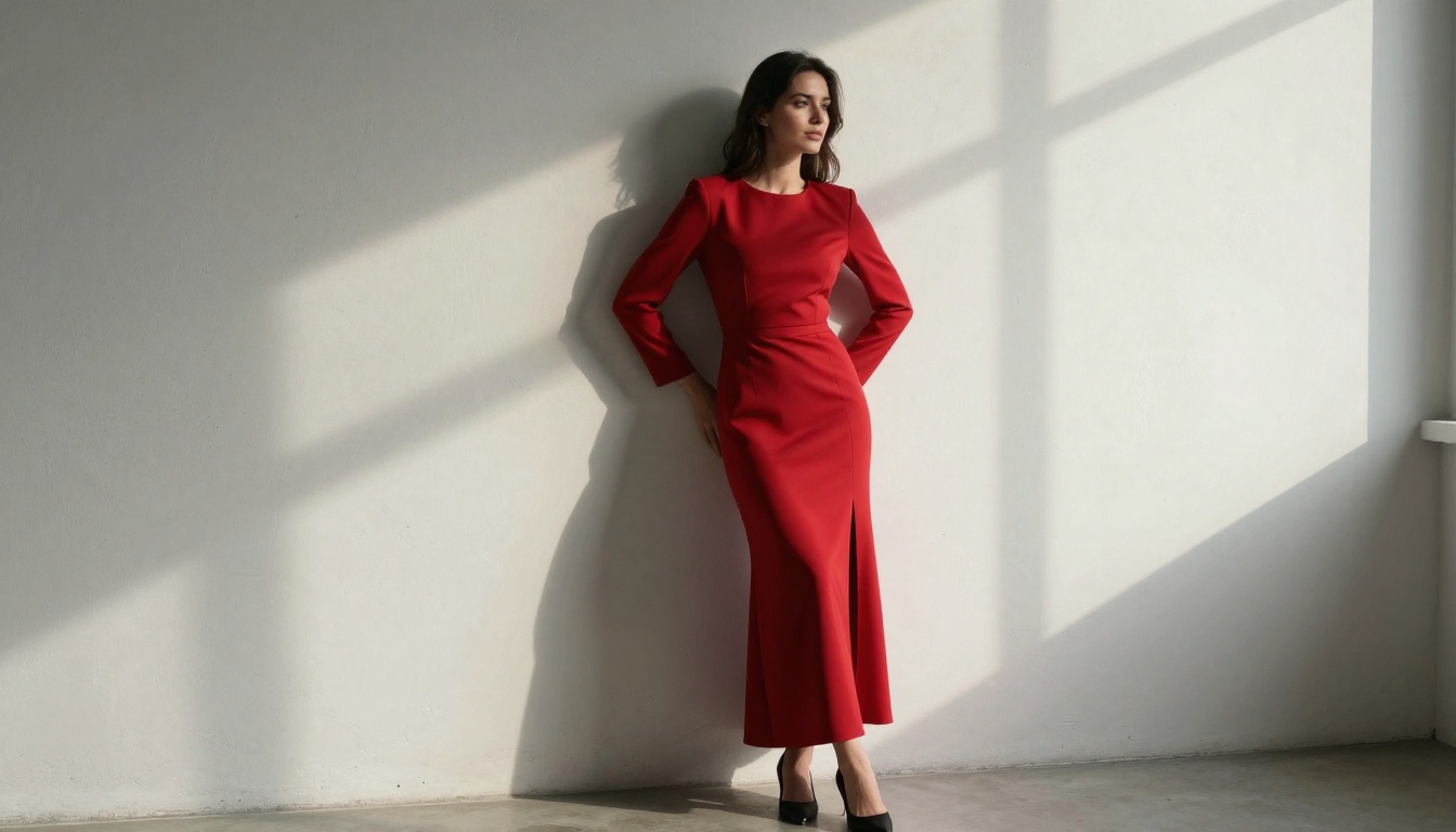 Woman in tailored red dress against whitewashed concrete wall in fashion editorial lighting
