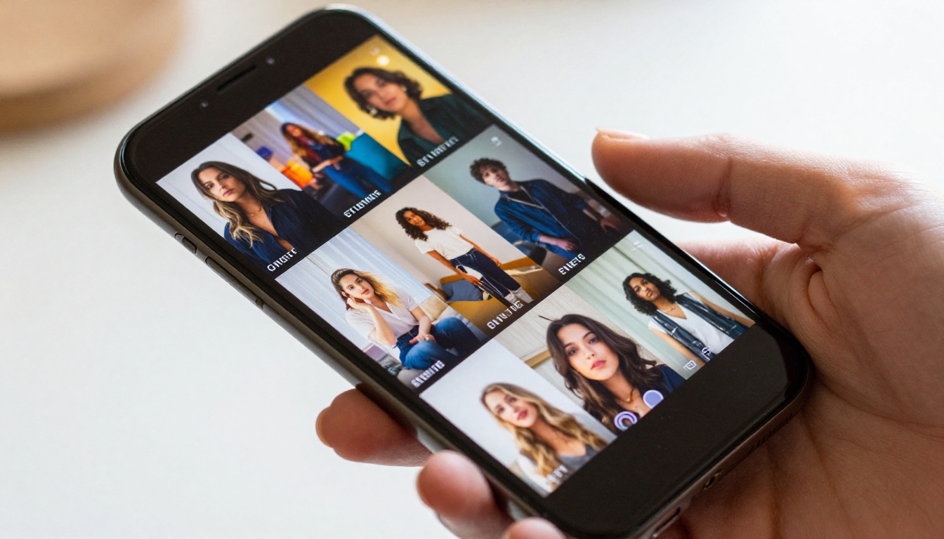 Close-up of smartphone screen displaying vibrant vertical short-form video thumbnails
