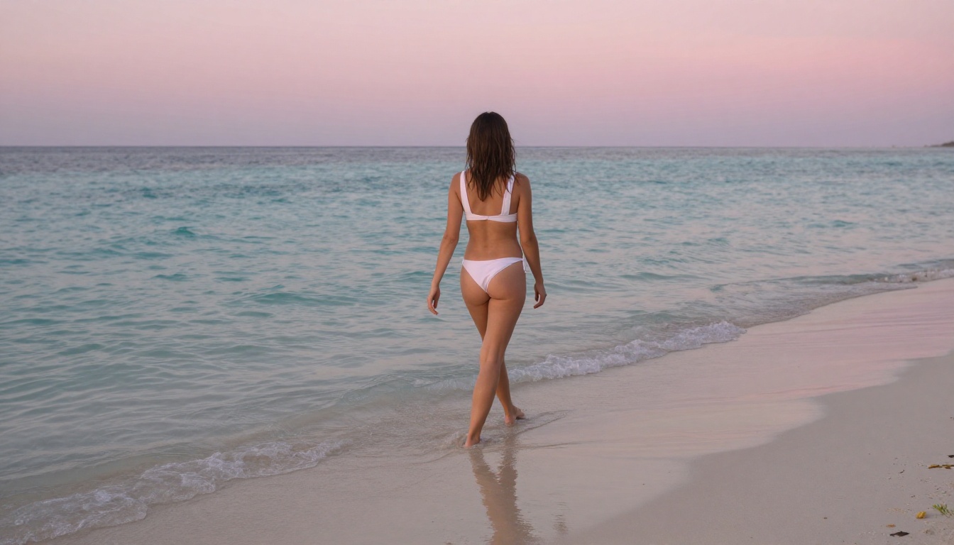 Woman in white bikini walking through shallow ocean water at magic hour, reflection in wet sand