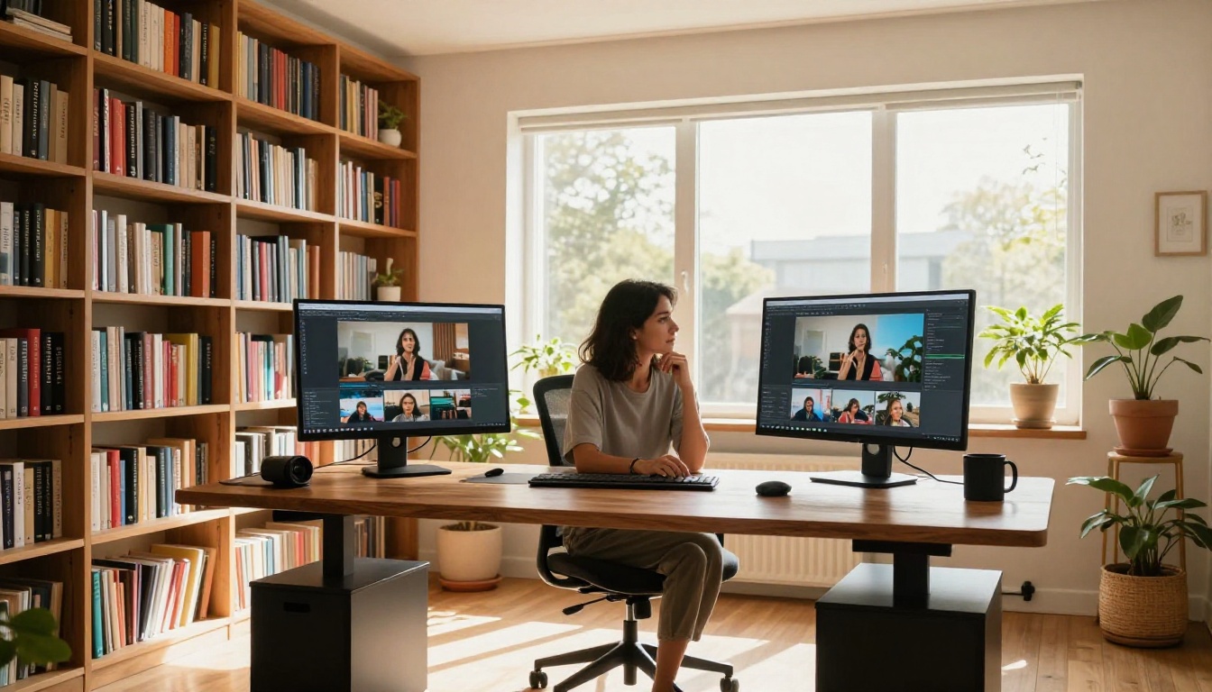 Wide shot of bright modern home office with bookshelves and dual monitors displaying AI-generated video content