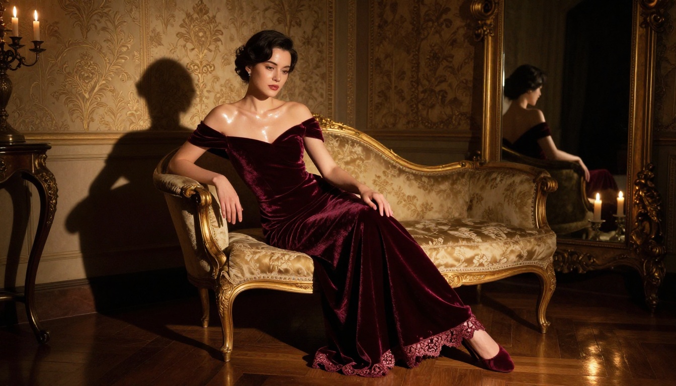 Elegant woman in candlelit Parisian boudoir on velvet chaise lounge