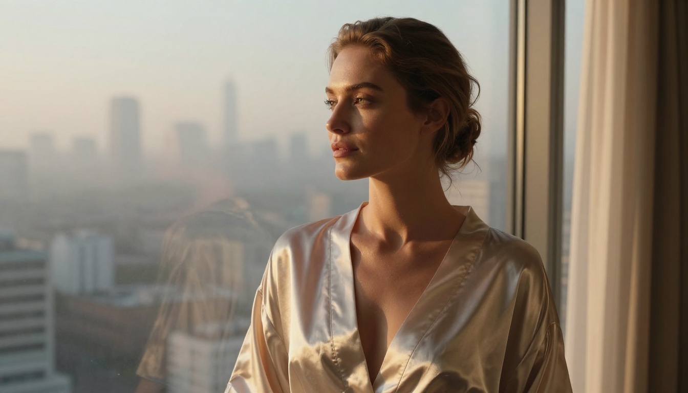Woman in a silk robe gazing out at a misty city skyline at dawn