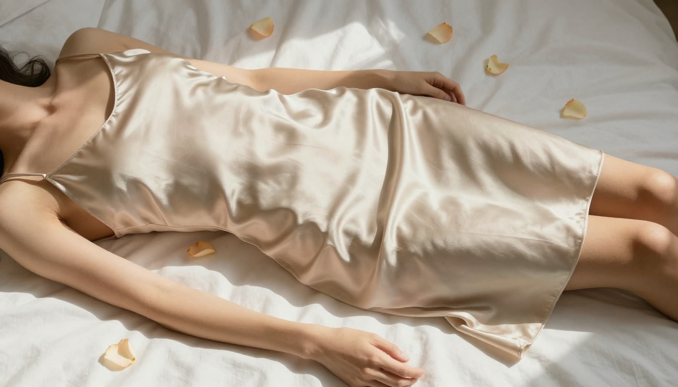 Woman in champagne satin dress on white linen sheets