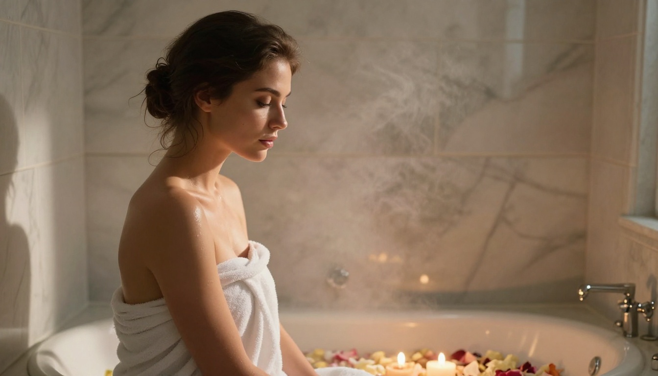 Woman wrapped in towel in marble bathroom with flower petals