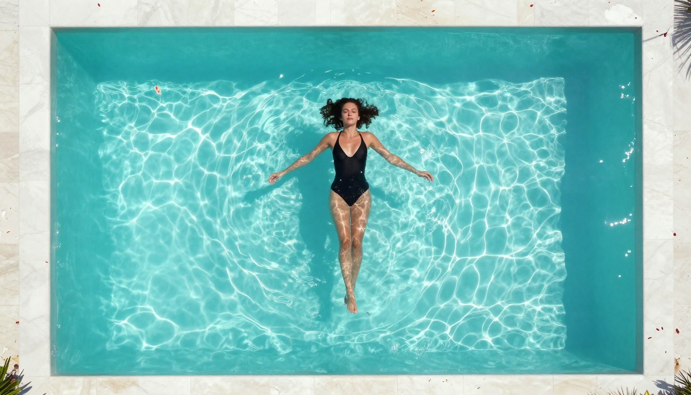 Aerial view of a woman floating in a turquoise infinity pool with marble tiles