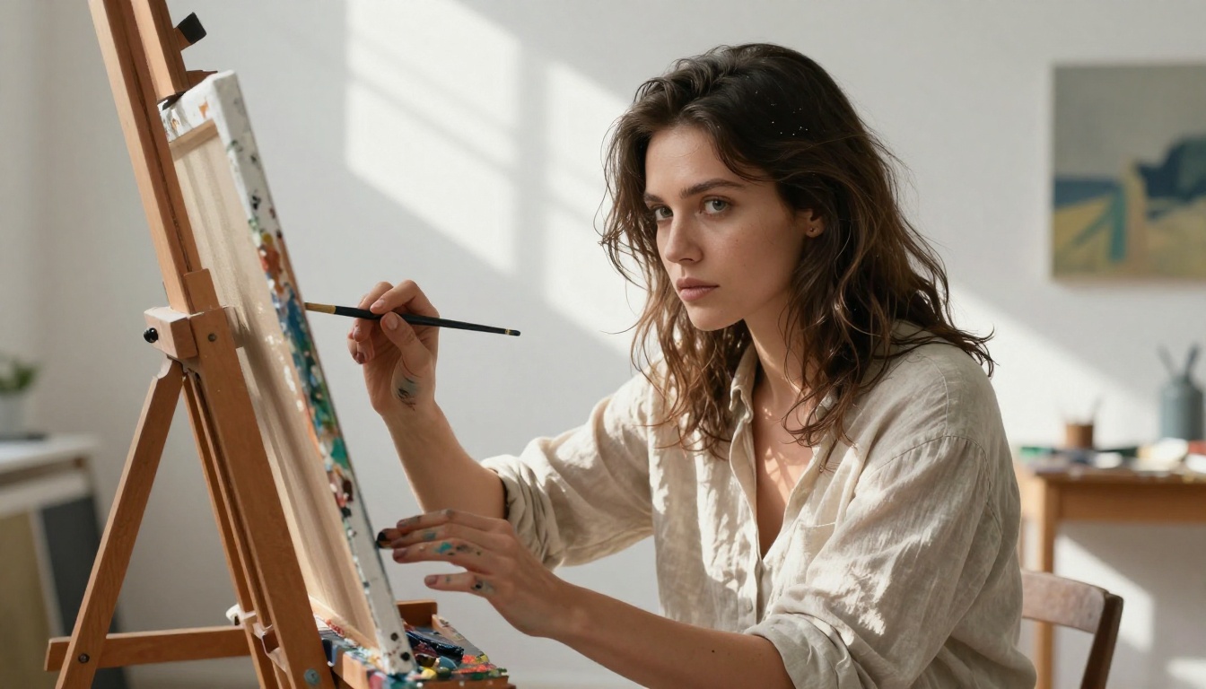 Woman artist with paint-streaked hands in bright gallery studio