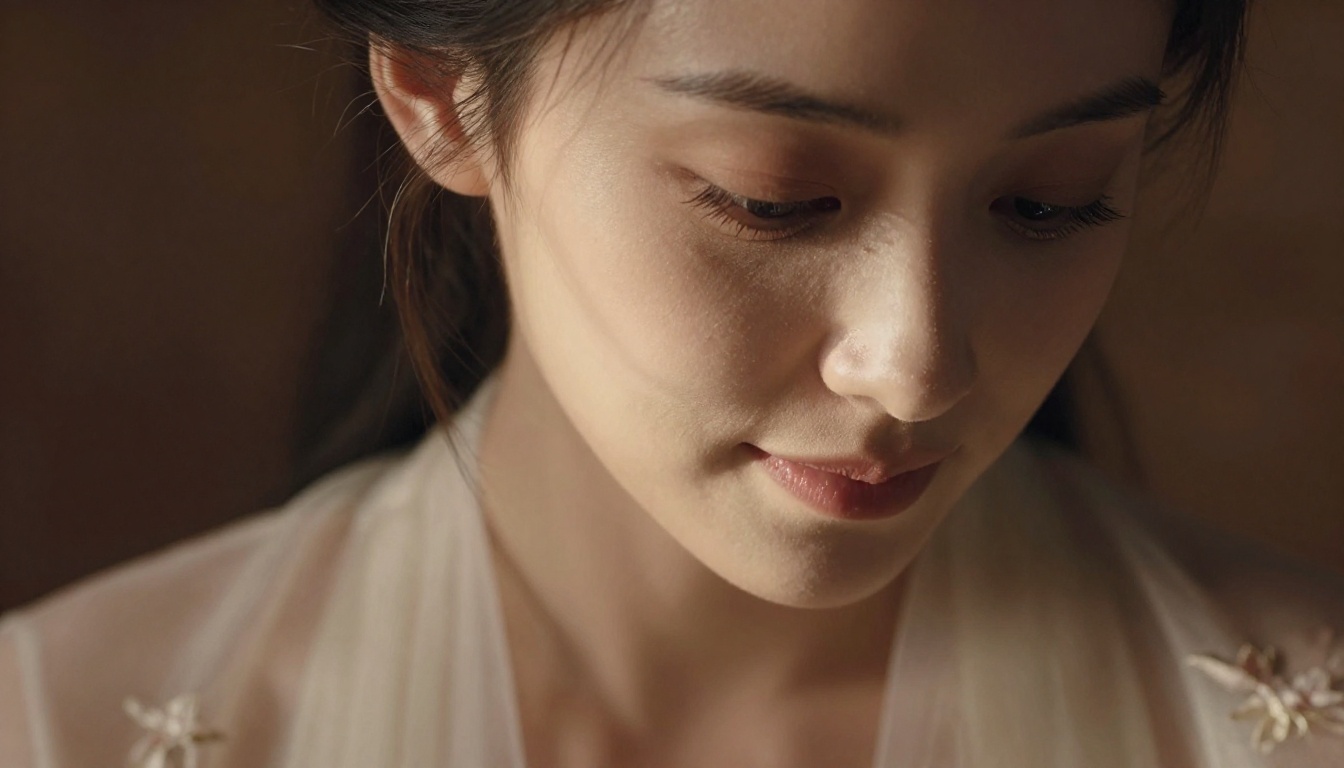 Close-up beauty portrait with Rembrandt lighting and sheer embroidered blouse