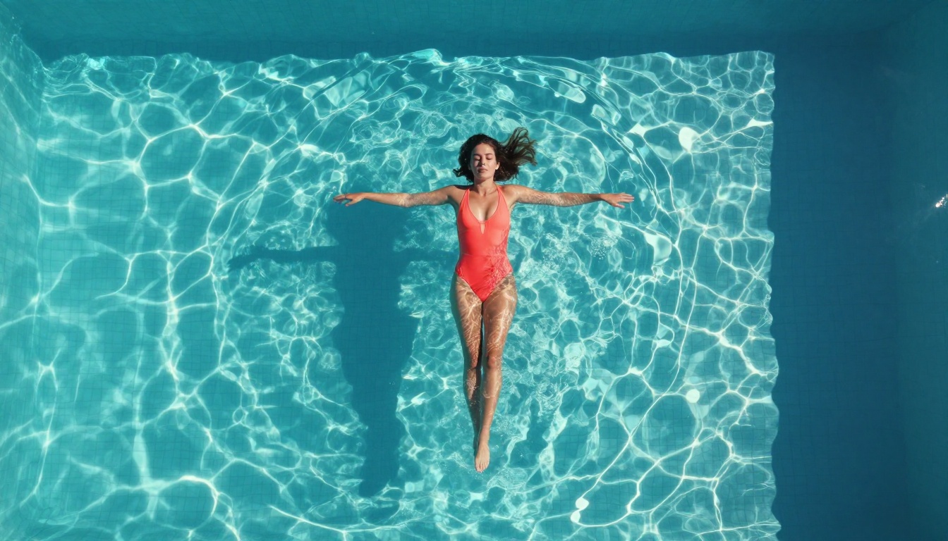 Aerial drone view of woman in coral swimsuit floating in crystal blue pool, mosaic tiles