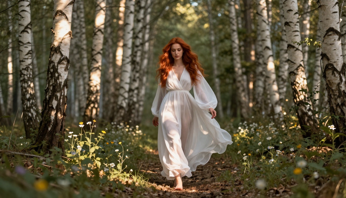 Woman in a flowing sheer white dress walking through a sun-dappled birch forest