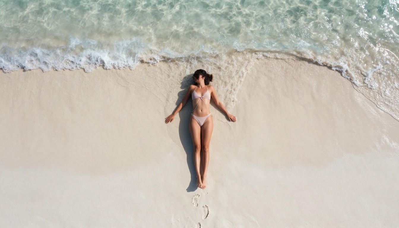 Aerial drone shot of woman in strappy swimsuit on white sand beach