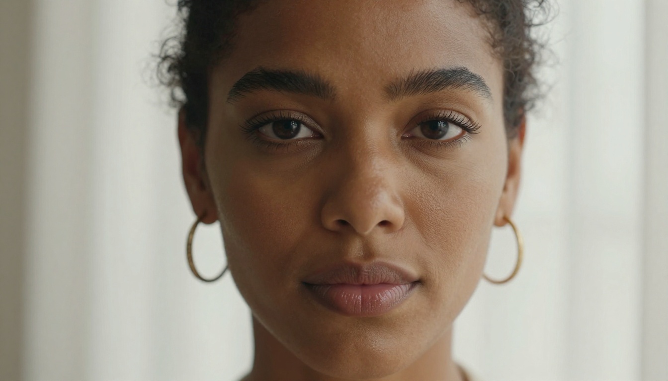 Close-up portrait of a confident woman with warm brown skin, soft studio window light, Kodak Portra film aesthetic, 50mm f/2.0 lens