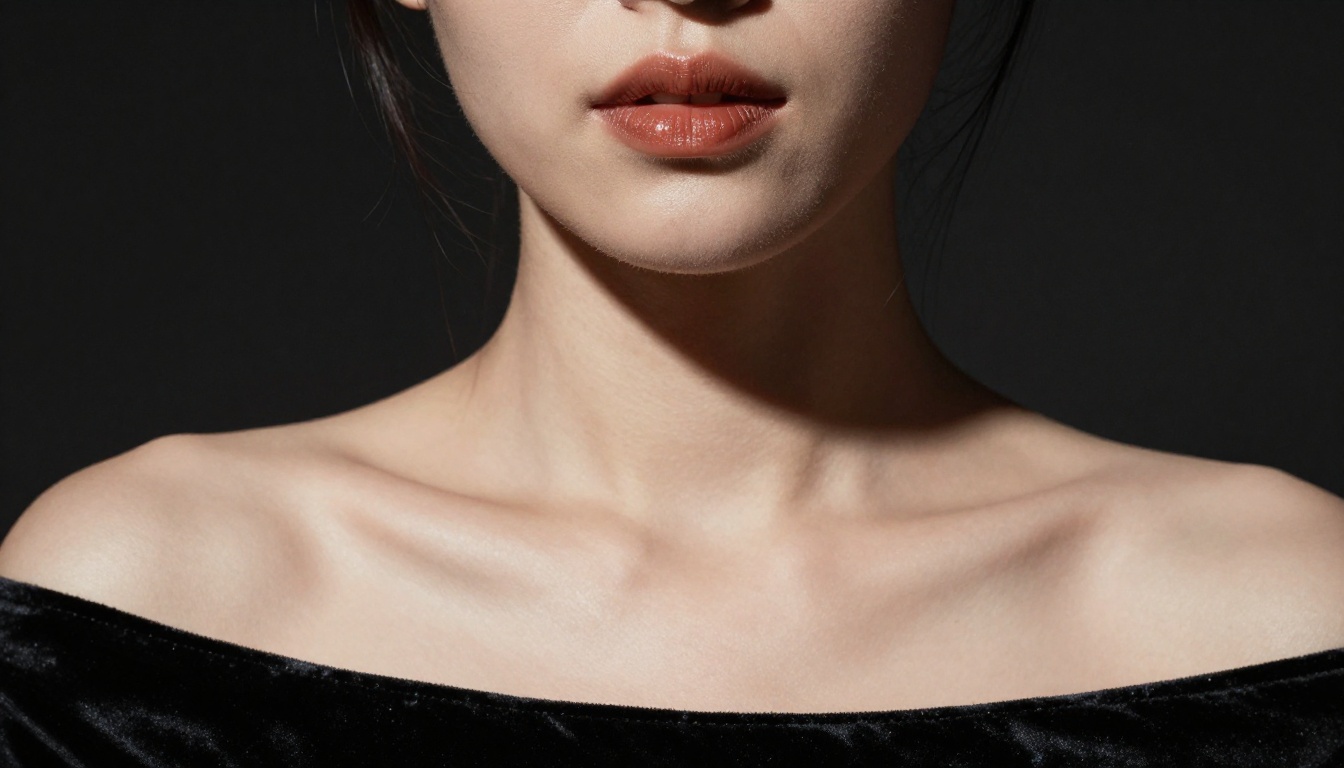 Dramatic chiaroscuro beauty close-up with black velvet top