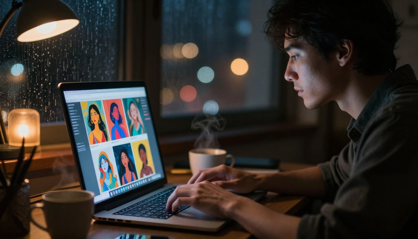 Person at night using laptop generating AI art with glowing screen