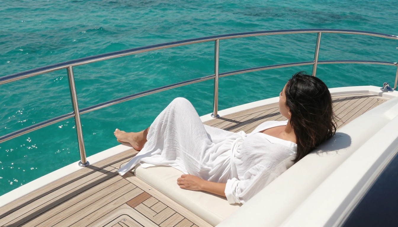 Aerial overhead view of a woman relaxing on a luxury yacht deck, Caribbean sea, teak wood texture, noon sunlight, 24mm f/8 lens