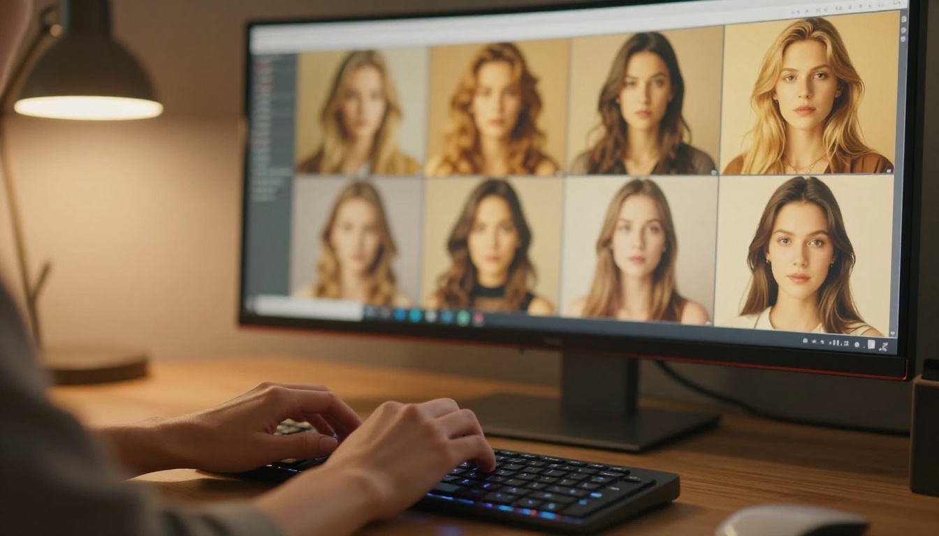 AI creative workspace with portrait photography displayed on monitor AI creative workspace with portrait photography displayed on monitor