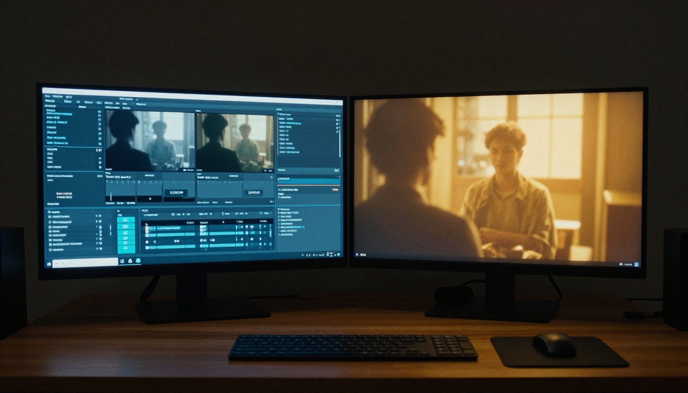 Split AI video comparison interfaces on dual studio monitors