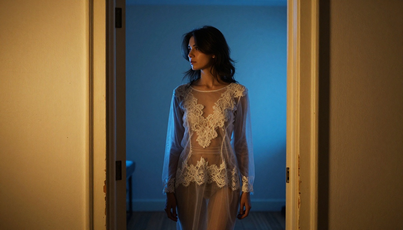 Woman in sheer lace top standing in doorway with warm golden light