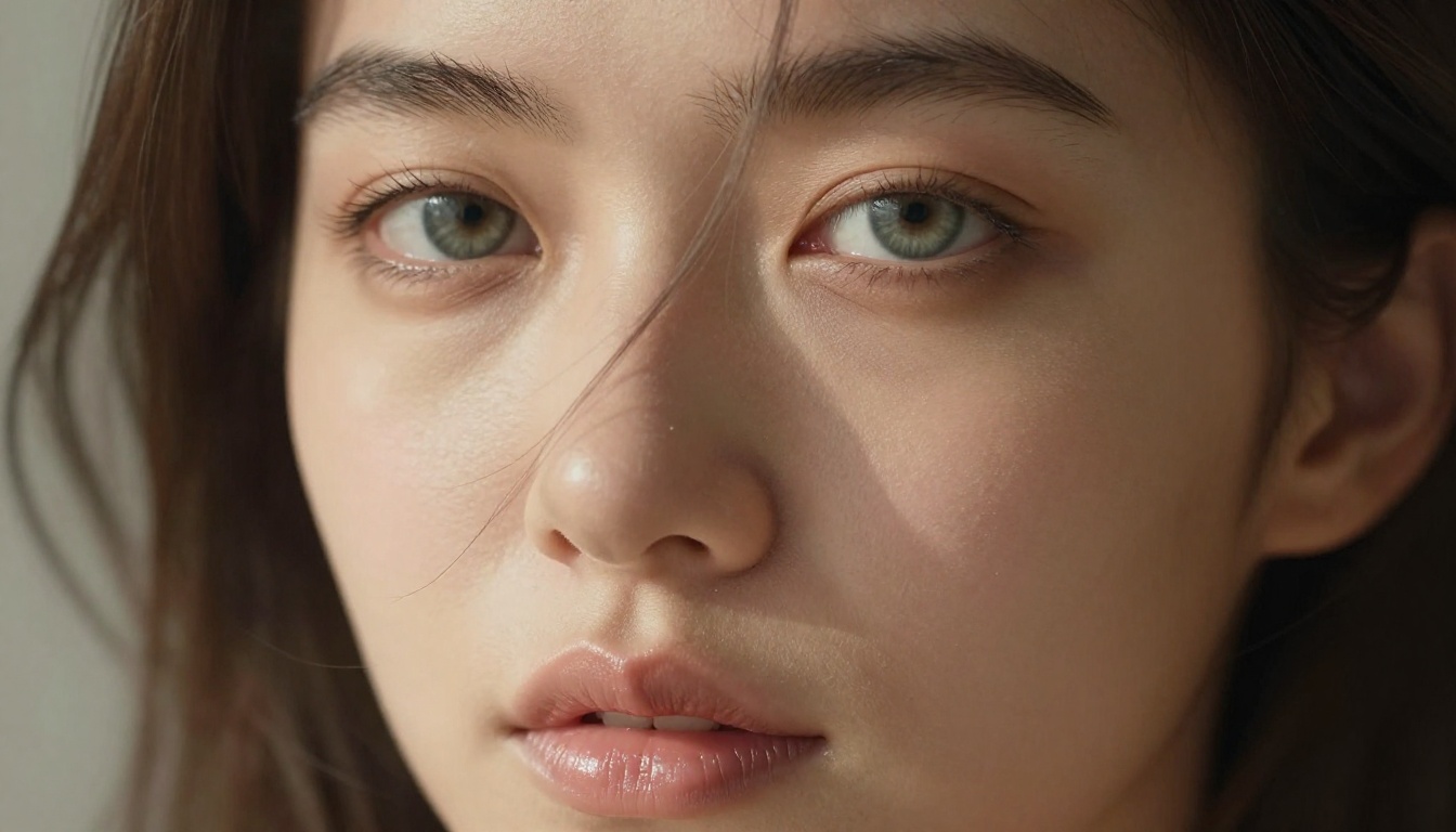 Extreme close-up beauty portrait showing porcelain skin, full lips, and grey-green eyes